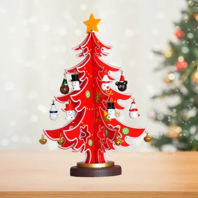 3D Red Wooden Christmas Tree 24 cm - 1