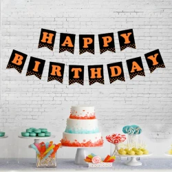 Black Happy Birthday Banner with Orange Letters - 1