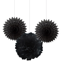 Black Paper Fan / Pompom Decoration Set - Kikajoy