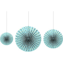 Blue Gold Polka Dot Paper Fans - 3psc - 