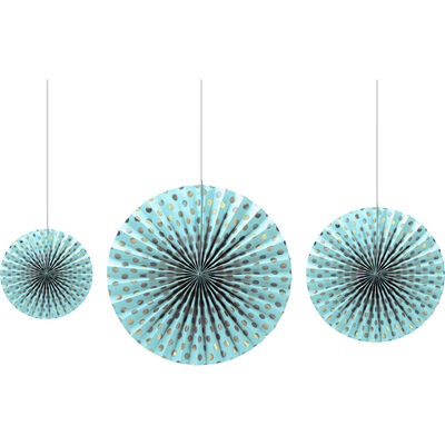 Blue Gold Polka Dot Paper Fans - 3psc - 1