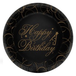 Black Happy Birthday Elegant Paper Plates - Kikajoy