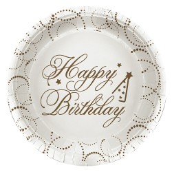 White Happy Birthday Elegant Paper Plates - Kikajoy