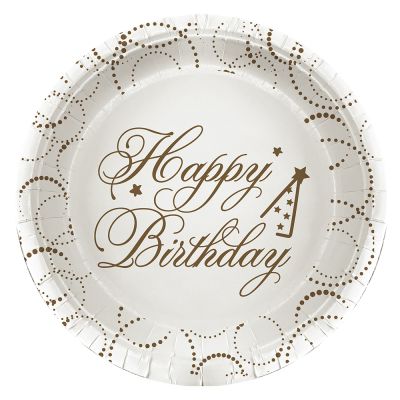 White Happy Birthday Elegant Paper Plates - 1